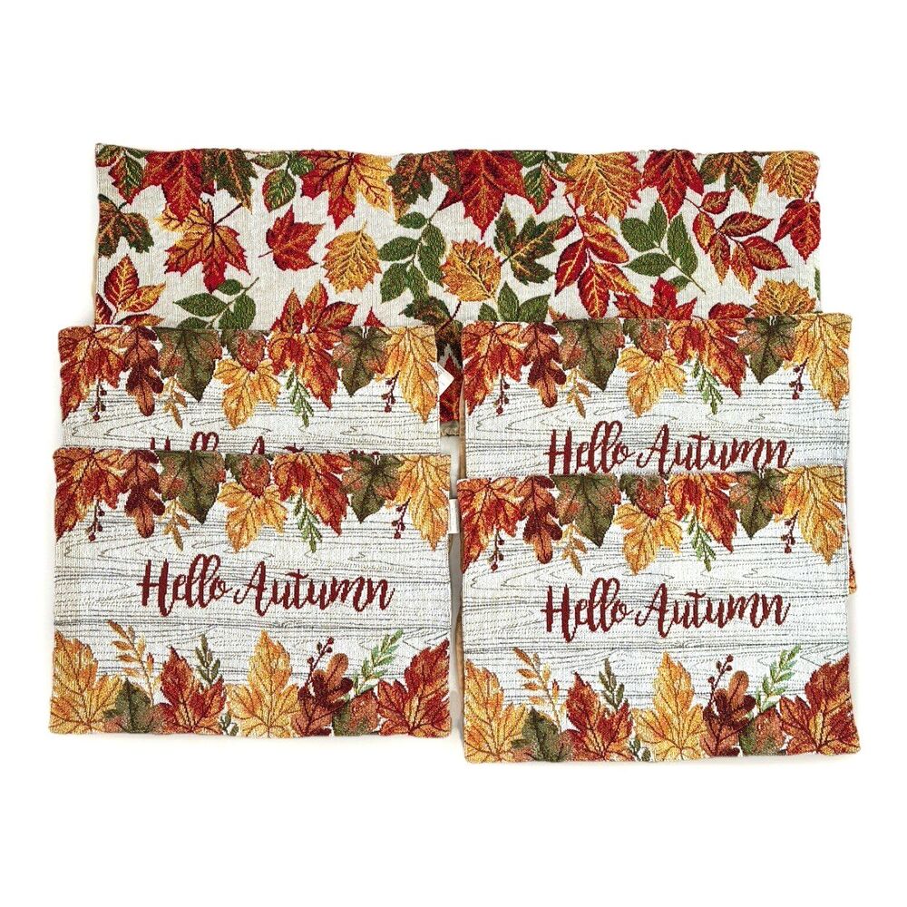 Tapestry Placemats & Table Runner Set (5) Fall Autumn Leaves Thanksgiving Rustic